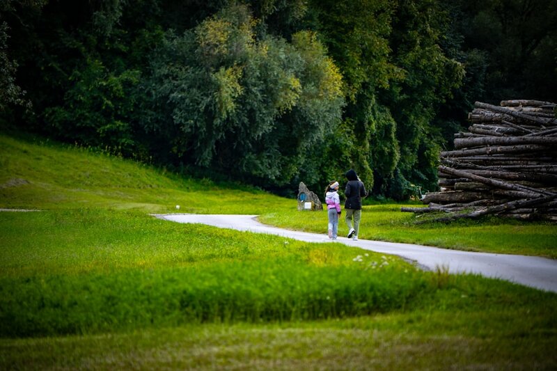 Two people walking along a path through long green grass beside woodland