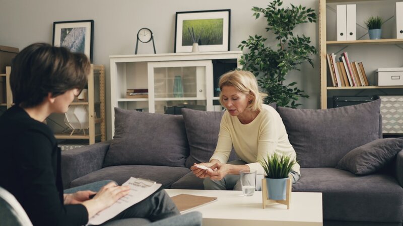 An older woman in conversation at home with a professional taking notes